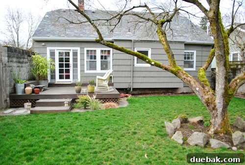 Lush green backyard in Portland, featuring a small wooden deck directly off the kitchen, surrounded by beautiful bushes and greenery