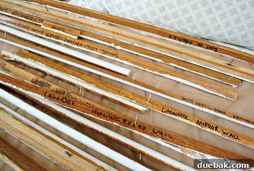Labeled old shoe molding pieces for reuse
