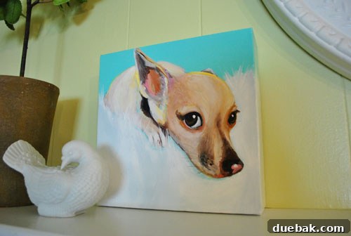 Seasonal Mantel Decor: Christmas, Halloween, and Spring 10 Close-up of a small portrait painting of a dog named Burger on the mantel