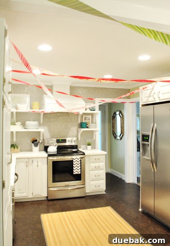Kitchen decorated with ribbons for a birthday surprise