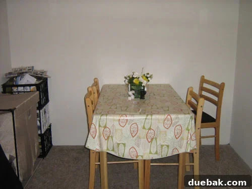 Evelyn's Dining Area Before Makeover A cluttered dining area before renovation, showing a microwave, filing cabinet, and recycling bins in an apartment setting.