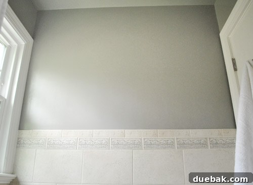 Open bathroom wall with new paint, awaiting art.