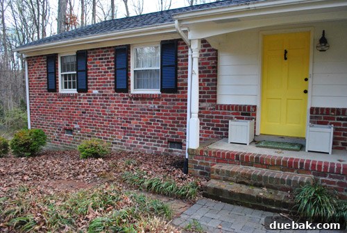 Before photo of the left front porch garden bed, covered in leaves and liriope