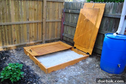 Sandbox cover open, showing the two halves swung back