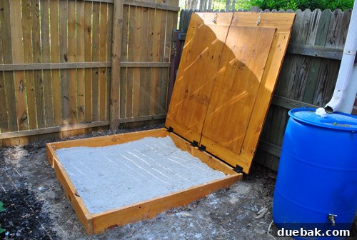 Sandbox and a rain barrel with a secure, fused top