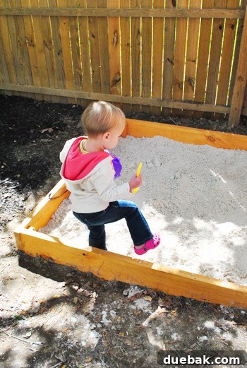 Clara reaching into the now filled sandbox, ready to play