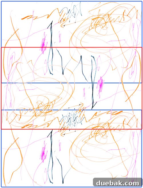 Photoshop screenshot with colored boxes indicating the original and flipped sections of Clara's drawing, illustrating the layering.
