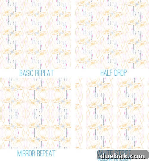 Spoonflower preview showing various pattern repeat options, including basic, half-drop, and mirror repeat.