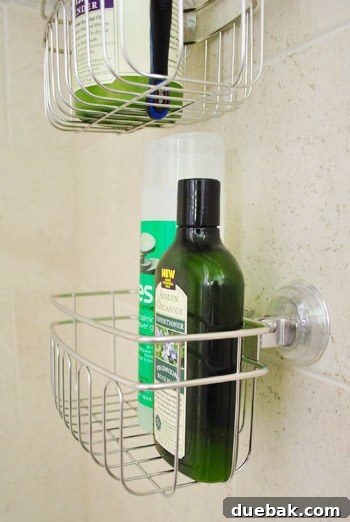 The organized shower with new storage visible only from within