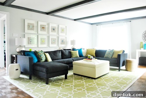 Dark gray sectional sofa in a living room, looking comfortable and durable after extended use with family and pets