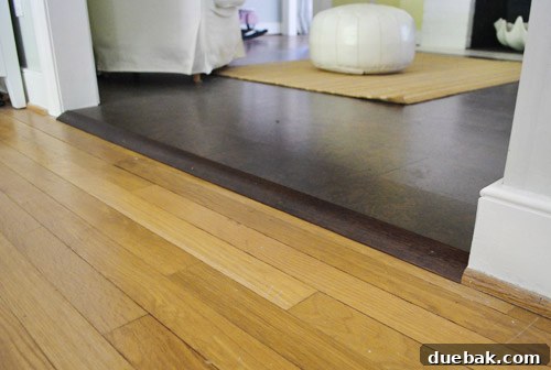 A finished doorway transition, showing the seamless connection between cork and another floor, with no visible nail heads.