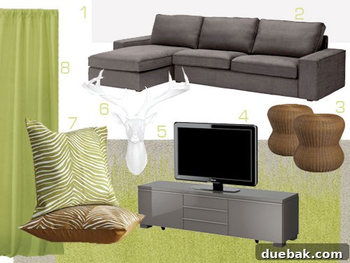Original living room mood board inspiration with gray, green, and zebra patterns