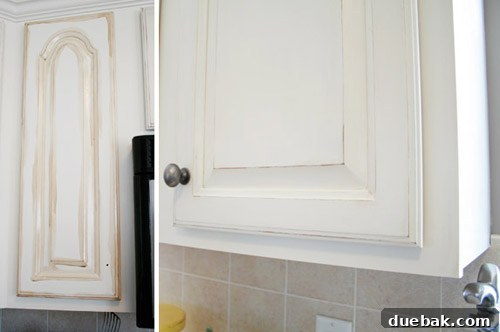 Distressing kitchen cabinet with Danish oil - before and after wiping