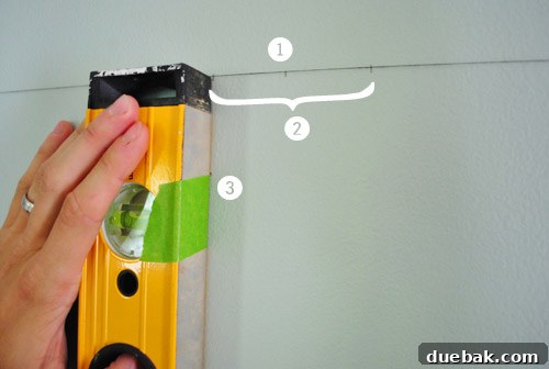 A wall with various pencil marks and measurements, annotated with numbers 1, 2, and 3, indicating calculated screw placements for hanging pictures.