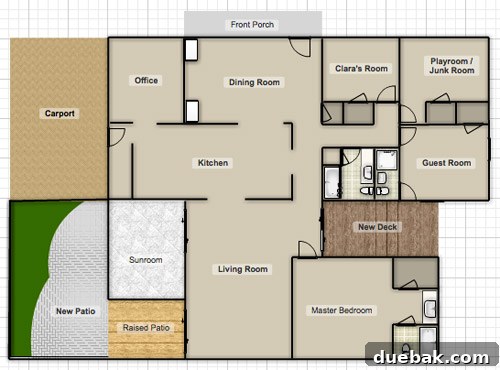 Updated floor plan showing how the new deck (and existing patio) help create a more rectangular footprint.