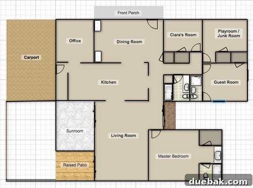 Rough floor plan of the house before any outdoor work, illustrating its unusual 'T' or '4' shape.