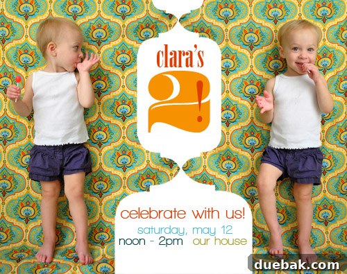 Earthworm Extravaganza Birthday 2 First draft of Clara's second birthday invitation, featuring a cute photo of her with shapes and fabric accents.