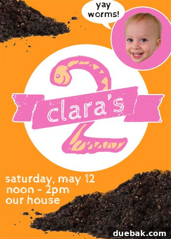 Earthworm Extravaganza Birthday 3 Second design for Clara's worm-themed birthday invitation, showcasing a more pronounced worm illustration.