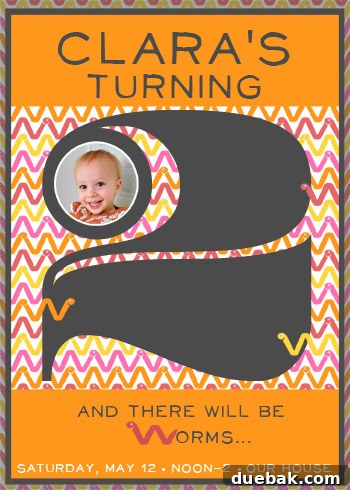 Earthworm Extravaganza Birthday 4 Final, graphic-style worm-themed birthday invitation for Clara's second birthday, featuring chevron worms.