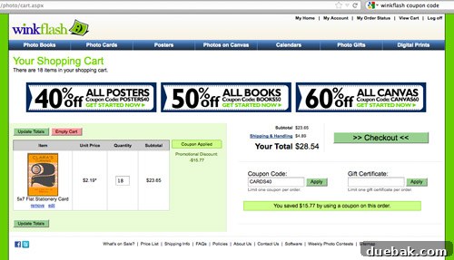 Earthworm Extravaganza Birthday 5 Screenshot showing the Winkflash order summary with a coupon code applied, illustrating cost savings.