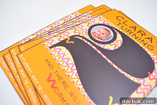 Earthworm Extravaganza Birthday 6 Printed worm-themed birthday invitations for Clara's second birthday, showing the quality of the card stock.