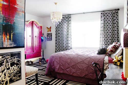 Cozy corner of Emily's redesigned tween room with colorful FLOR tiles