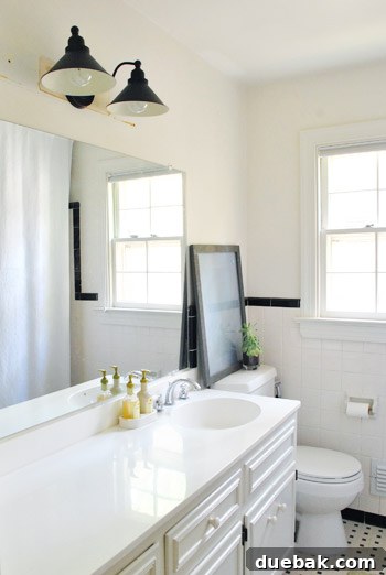 New light fixture in hall bathroom, full view