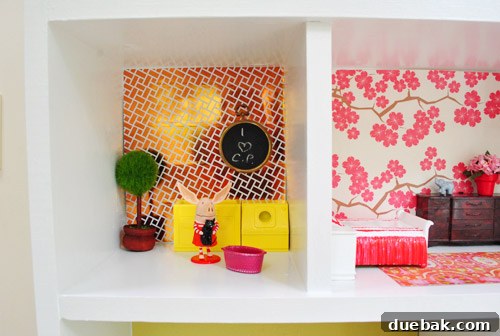 Pint-Sized Palaces: Decorating Your Dollhouse 18 Laundry Room In DIY Simple Dollhouse Build With Reflective Gold Tape Wallpaper