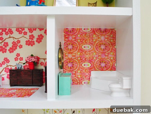 Pint-Sized Palaces: Decorating Your Dollhouse 21 Bathroom In DIY Dollhouse Build With Colorful Craft Paper Wallpaper