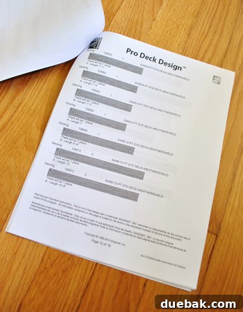 Detailed wood cut list from Home Depot's deck plan.