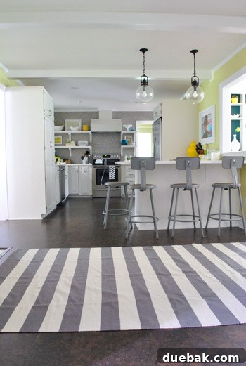 A gray and white striped rug being considered for the kitchen's living zone