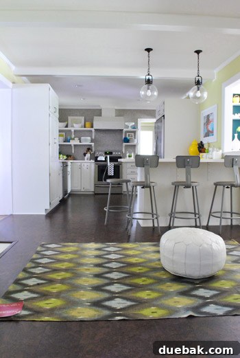 An ikat-inspired diamond pattern rug, Sherry's favorite, in the kitchen