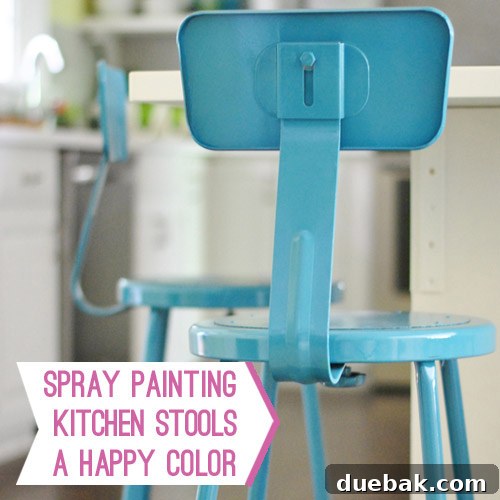Metal Stool Makeover Spray Paint Edition 2 Newly painted vibrant turquoise-teal kitchen stools standing proudly