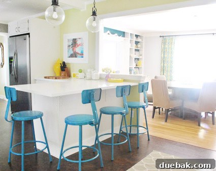 Metal Stool Makeover Spray Paint Edition 11 View from kitchen into dining room, highlighting how stools tie into ikat curtains
