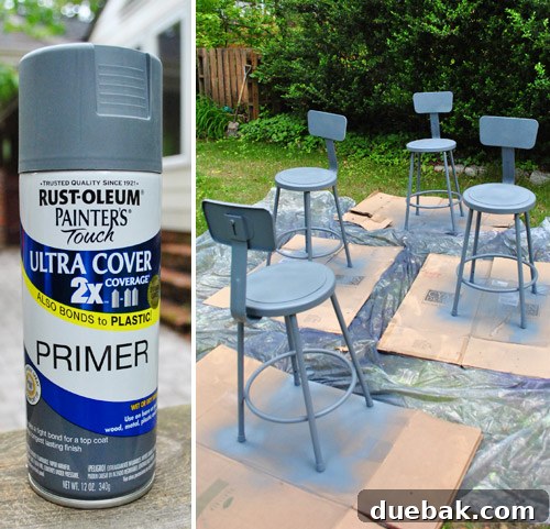 Metal Stool Makeover Spray Paint Edition 15 Spray priming the stools with thin, even coats for a smooth base