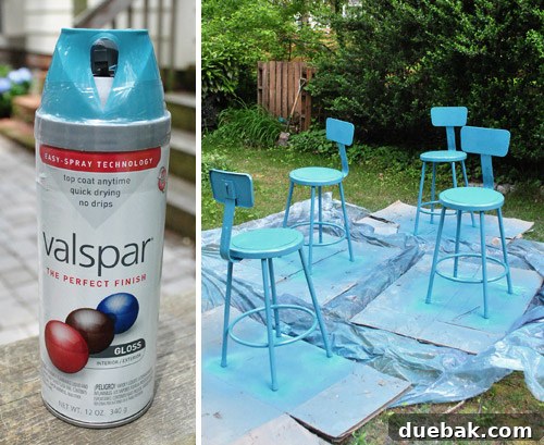 Metal Stool Makeover Spray Paint Edition 16 Applying Valspar 'Tropical Oasis' spray paint in thin coats for a vibrant finish