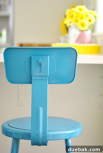 Metal Stool Makeover Spray Paint Edition 18 Clara admiring the new turquoise-teal stools, feeling like a princess