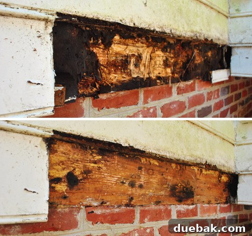 Reclaiming Space: From Balcony to Spacious Deck 9 Rotted wood siding and the exposed rim board after removing the old, damaged ledger board