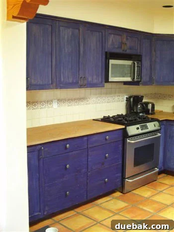 Kim's old kitchen with outdated bright blue cabinets before renovation
