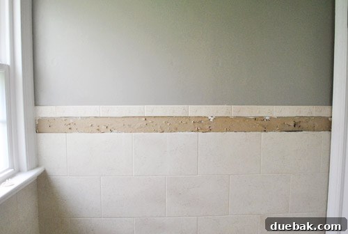 Close-up view of the bathroom wall after removing one tile, clearly showing drywall instead of cement board