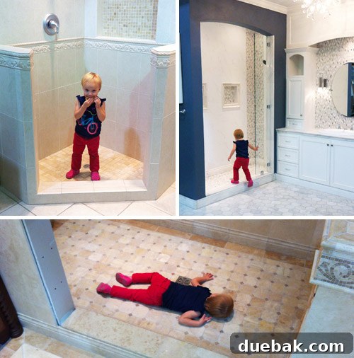 A child, Clara, playfully laying inside a tile display shower at The Tile Shop, a humorous scene dubbed 'The Crime Scene'