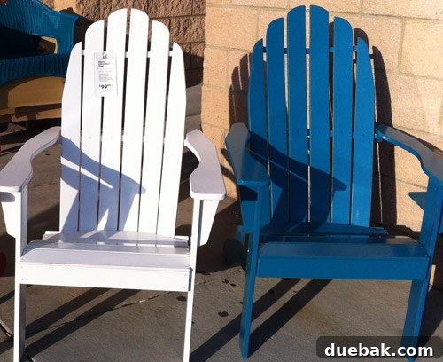 White and blue Adirondack chairs for outdoor relaxation