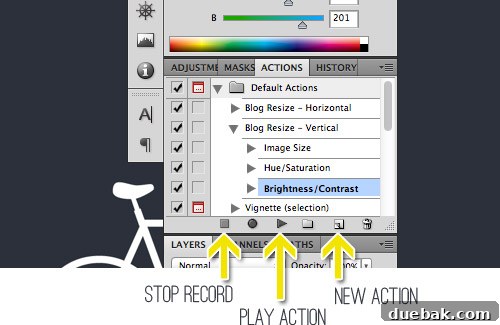 A detailed screenshot showing how to record and play a Photoshop Action