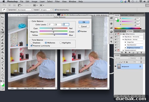 The Photoshop Color Balance adjustment dialog box, showing sliders for adjusting color temperature
