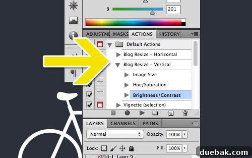 A screenshot of the Photoshop Actions panel showing custom actions for blog image optimization
