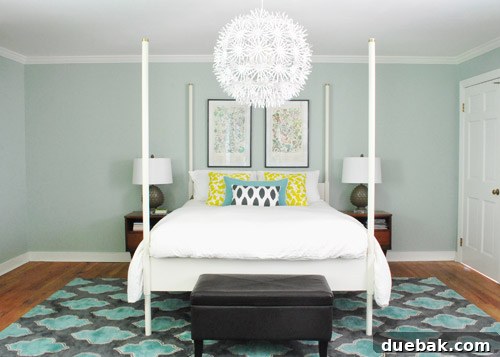 Improved room flow: The bedroom looking more cohesive and inviting after the bed repositioning and post trimming.