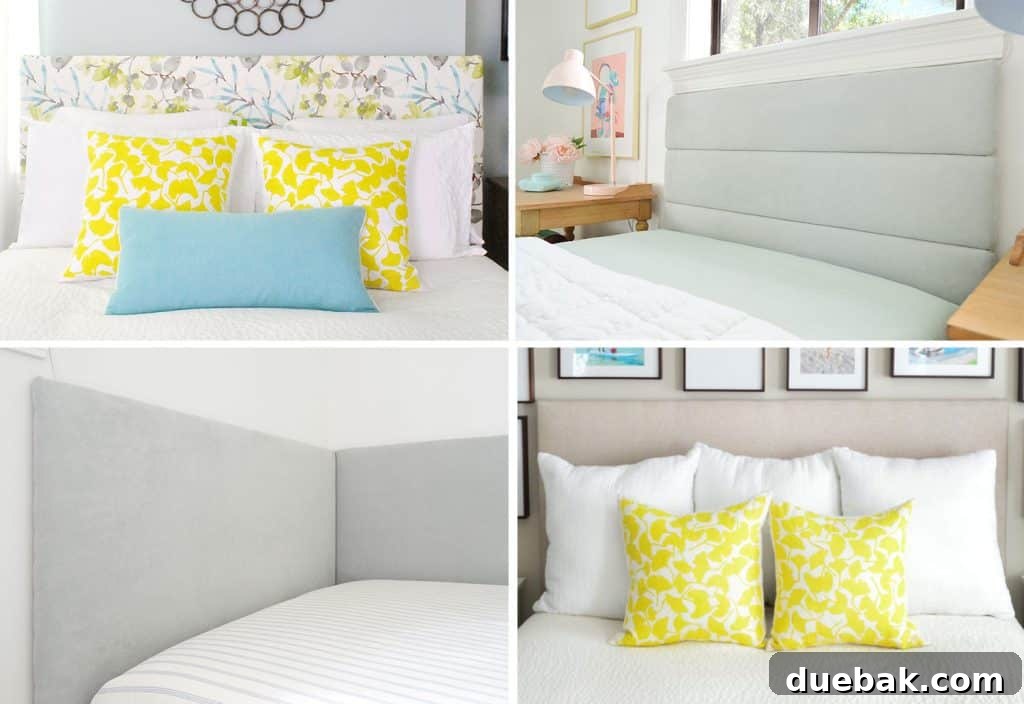 Grid of four different DIY Upholstered Fabric Headboards showcasing diverse styles and patterns