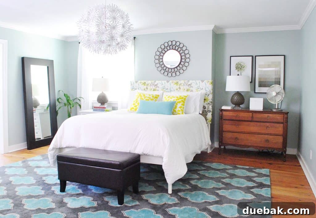 Blue bedroom with patterned DIY upholstered floral headboard, emphasizing its value