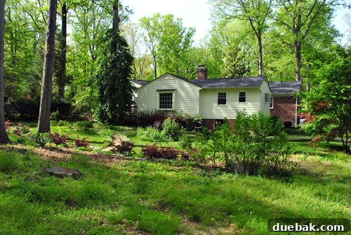 Before photo of the house from the back of the lot, showing visible foundation
