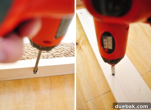 Close-up of the assembled headboard frame from the back, showing Kreg Jig screws and brace pieces